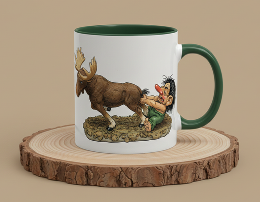 Keramiktasse Troll zieht Elch am Schwanz