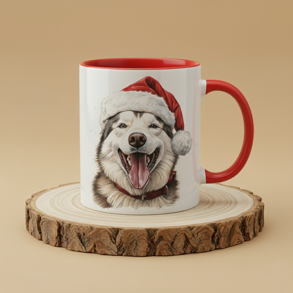 Keramiktasse Weihnachts Husky Kopf mit Mütze