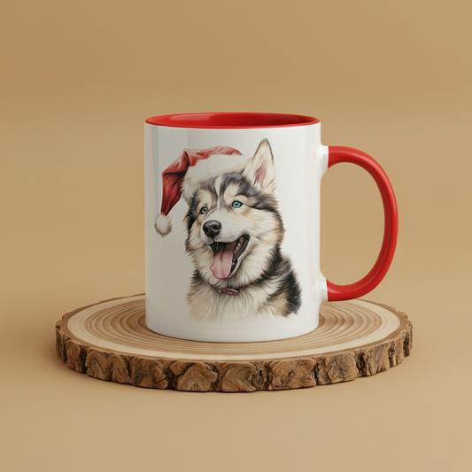 Keramiktasse Weihnachts Husky Kopf mit Mütze