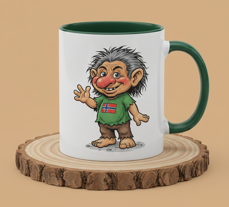 Keramiktasse Troll mit grauen Haaren winkt mit T-Shirt Norwegen Flagge