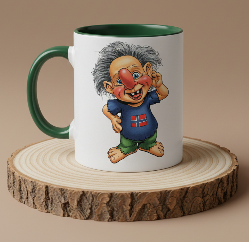 Keraiktasse Troll graue Haare lacht mit Norwegen T-Shirt und Norwegen Flagge
