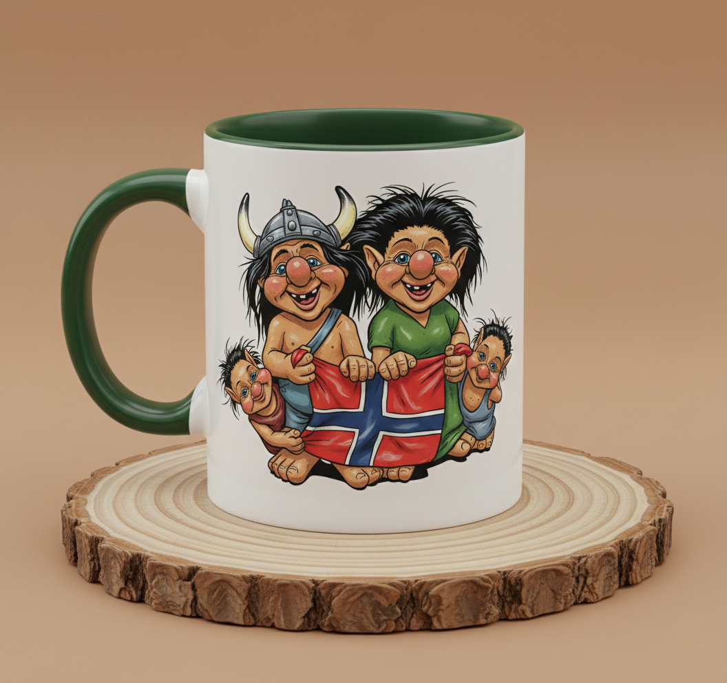 Keramiktasse Troll Familie hält Norwegenflagge