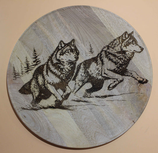 Rundes Servierbrett  Deko Brett aus Mangoholz mit Wolf Motiv