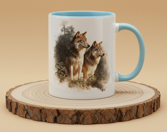 Keramiktasse 2 Wölfe in Waldlandschaft