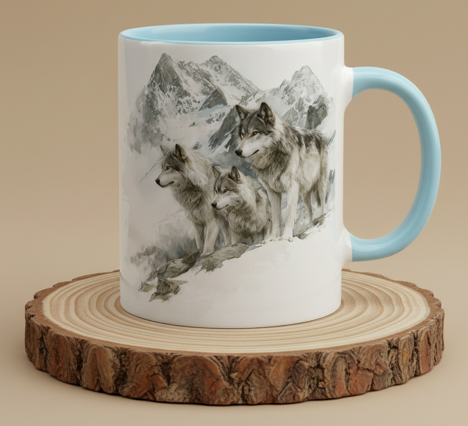 Keramiktasse 3 Wölfe in verschneiter Berglandschaft