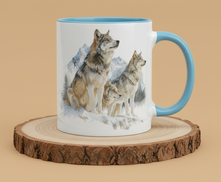 Keramiktasse 3 Wölfe in verschneiter Berglandschaft