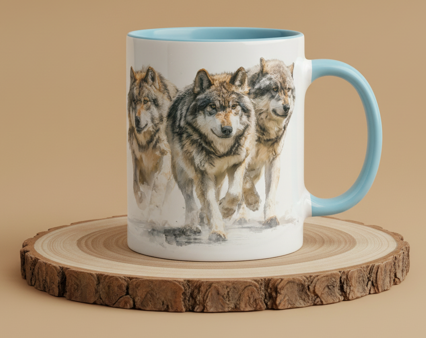 Keramiktasse 3 Wölfe laufend