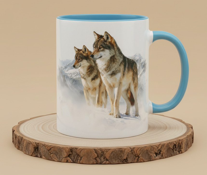 Keramiktasse 2 Wölfe stehend im Schnee