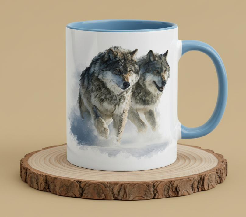 Keramiktasse 2 Wölfe laufend