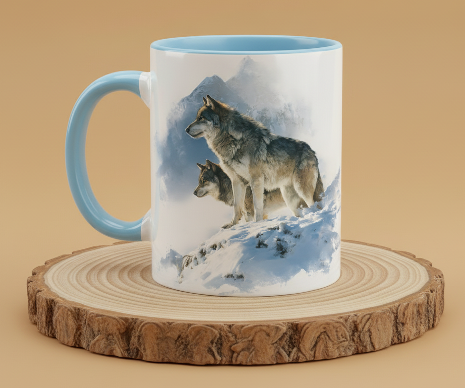 Keramiktasse 2 Wölfe in Winter Berglandschaft