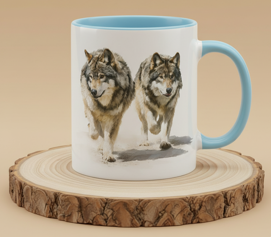 Keramiktasse 2 Wölfe laufend