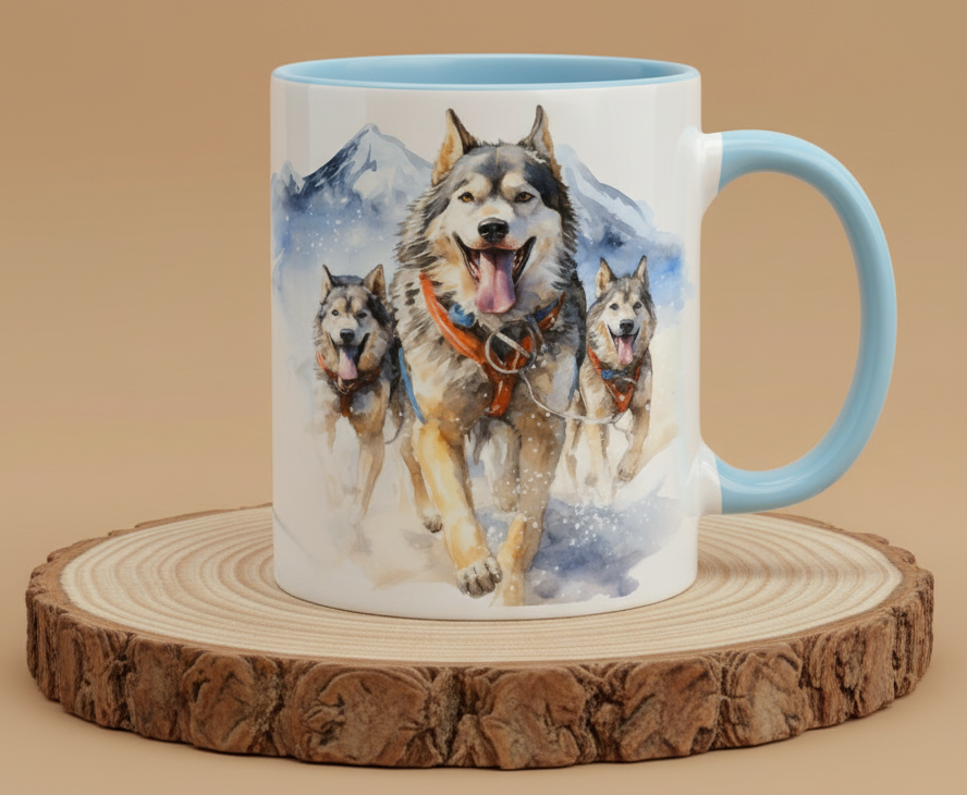 Keramiktasse Schlittenunde im Schnee Zughunde Musing