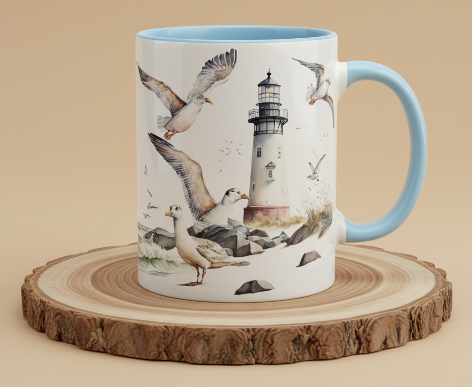 Keramiktasse Maritim Leuchtturm mit See und Möwen