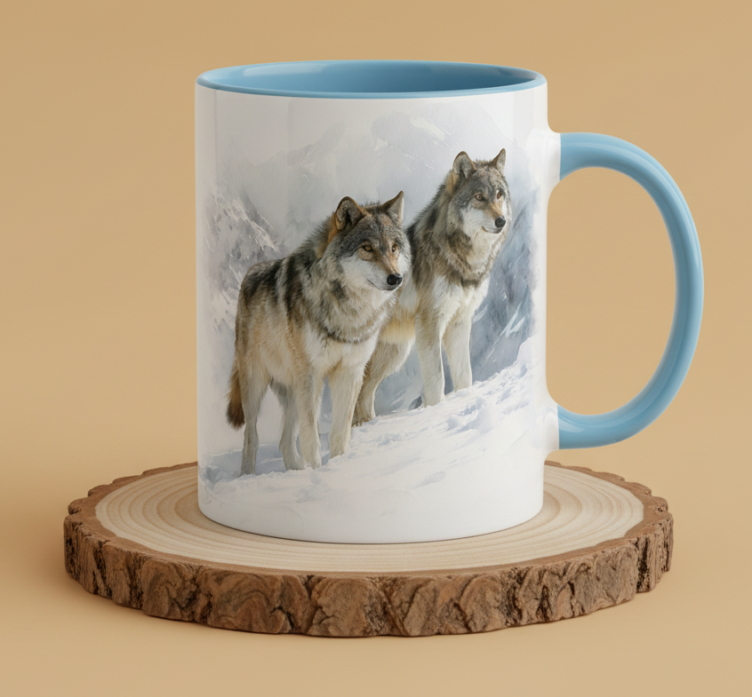 Keramiktasse 2 Wölfe in Winter Landschaft