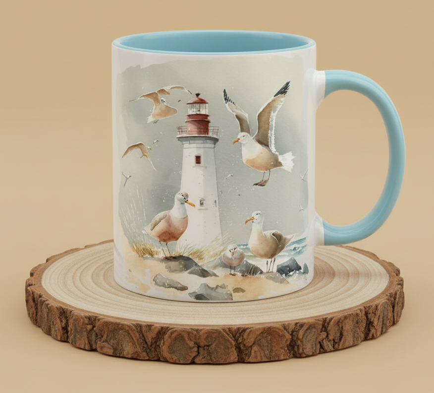 Keramiktasse Maritim Leuchtturm mit See und Möwen