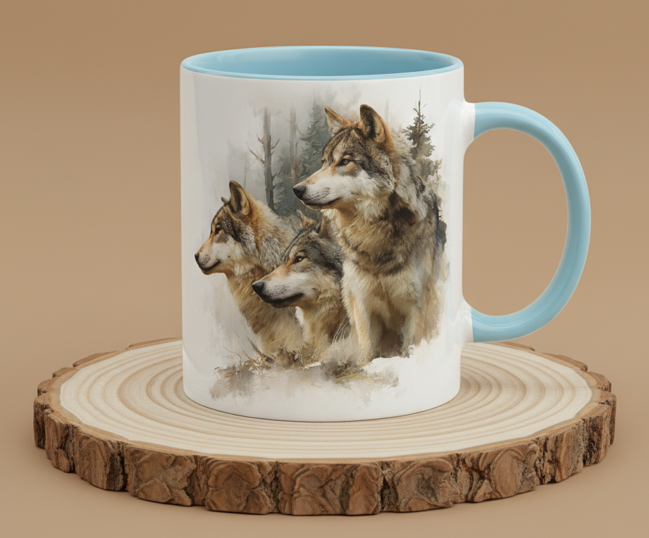 Keramiktasse 3 Wölfe in Waldlandschaft