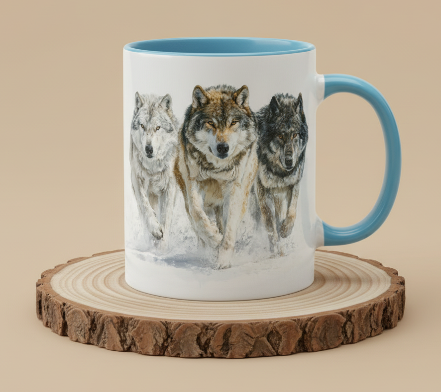 Keramiktasse 3 Wölfe laufend