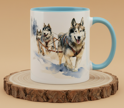 Keraiktasse Schlittenhunde Gespann im Schnee Mushing Mushing