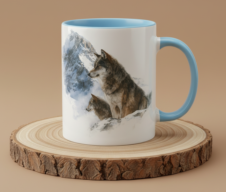Keramiktasse 2 Wölfe in verschneiter Berglandschaft