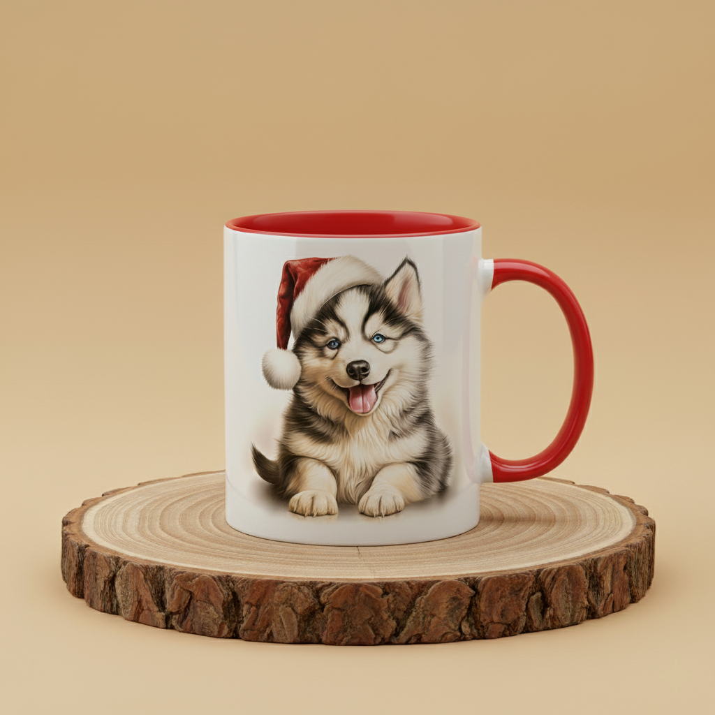 Keramiktasse Weihnachts Husky Welpe liegend mit Mütze