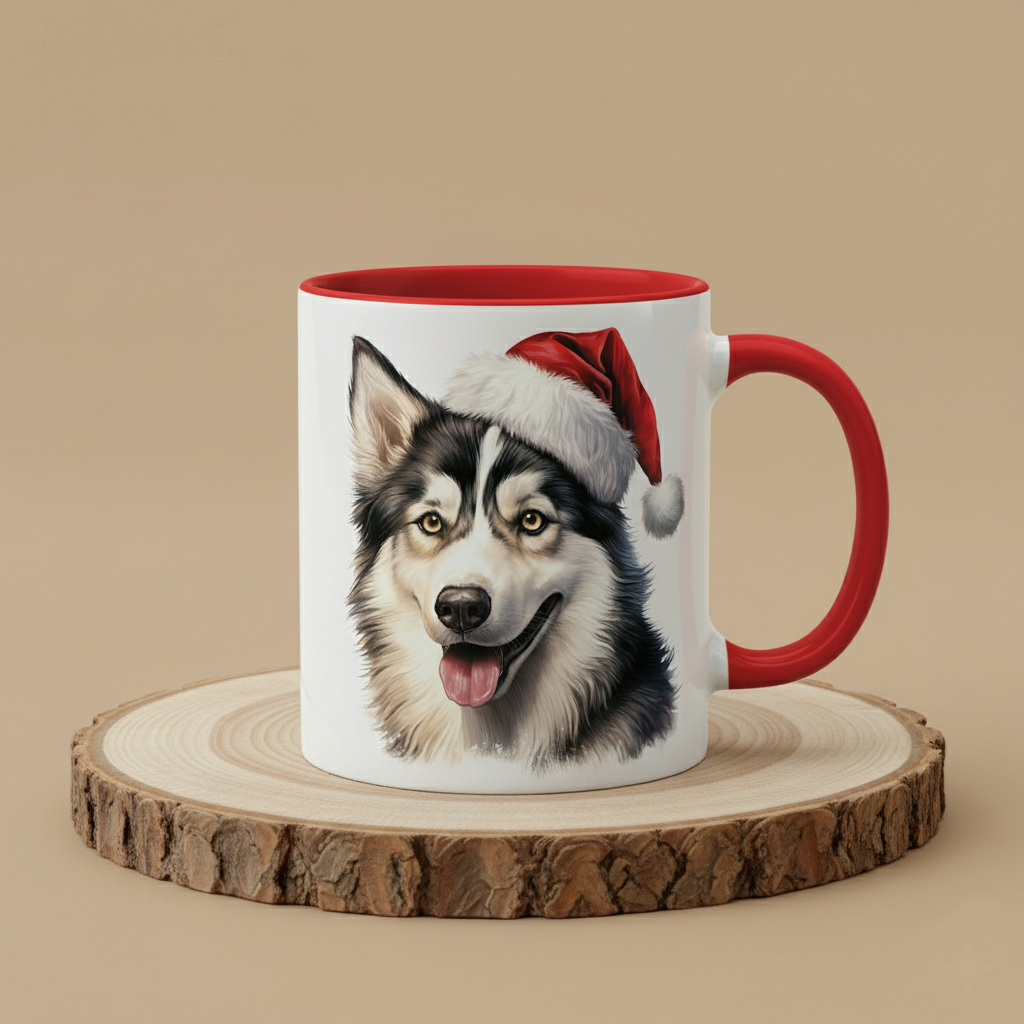 Keramiktasse Weihnachts Husky Kopf mit Mütze