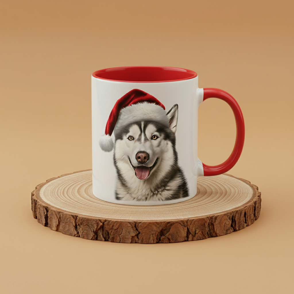 Keramiktasse Weihnachts Husky Kopf mit Mütze
