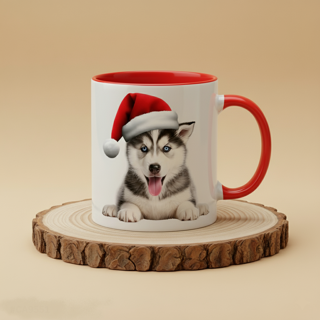 Keramiktasse Weihnachts Husky Welpe liegend mit Mütze