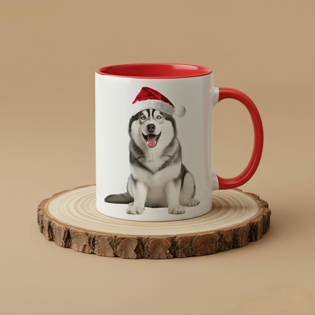 Keramiktasse Weihnachts Husky sitzend mit Mütze