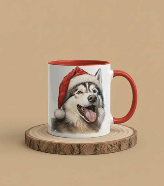 Keramiktasse Weihnachts Husky Kopf mit Mütze