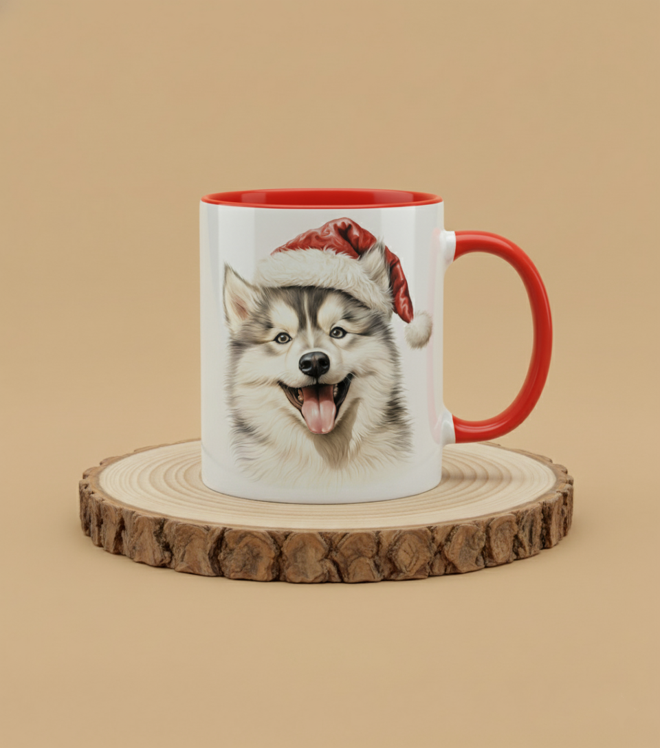 Keramiktasse Weihnachts Husky Welpe Kopf mit Mütze