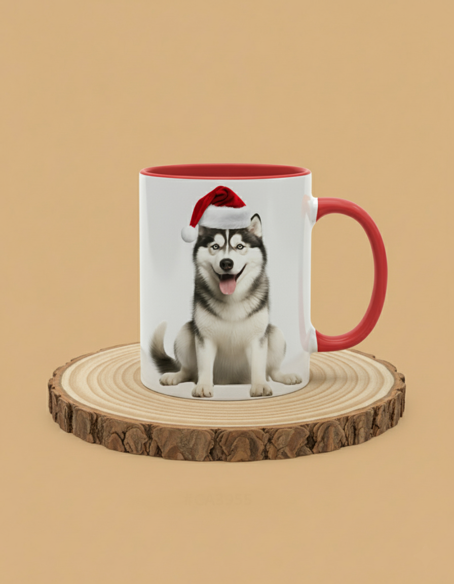 Keramiktasse Weihnachts Husky sitzend mit Mütze