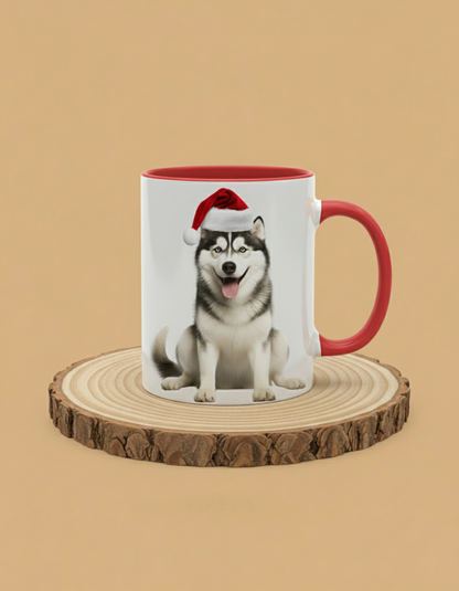 Keramiktasse Weihnachts Husky sitzend mit Mütze