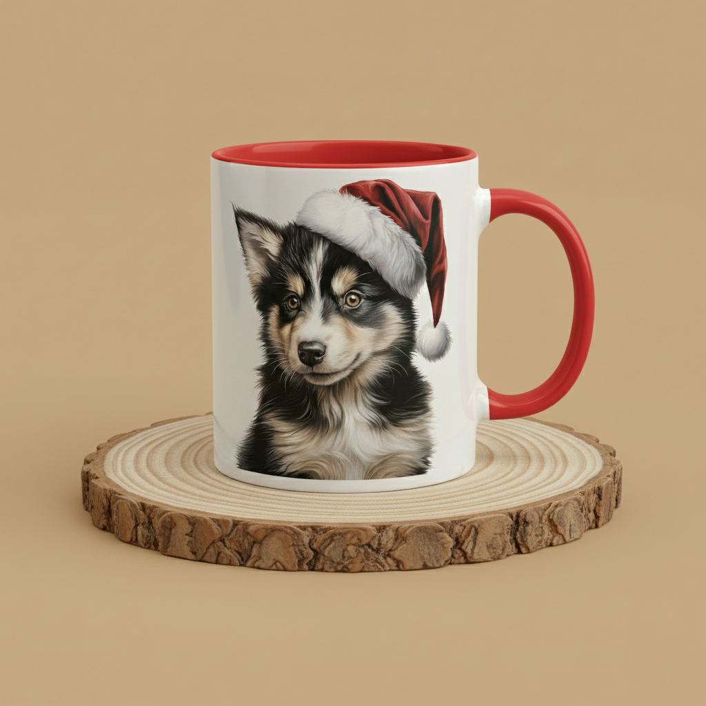 Keramiktasse Weihnachts Husky Welpe Kopf mit Mütze