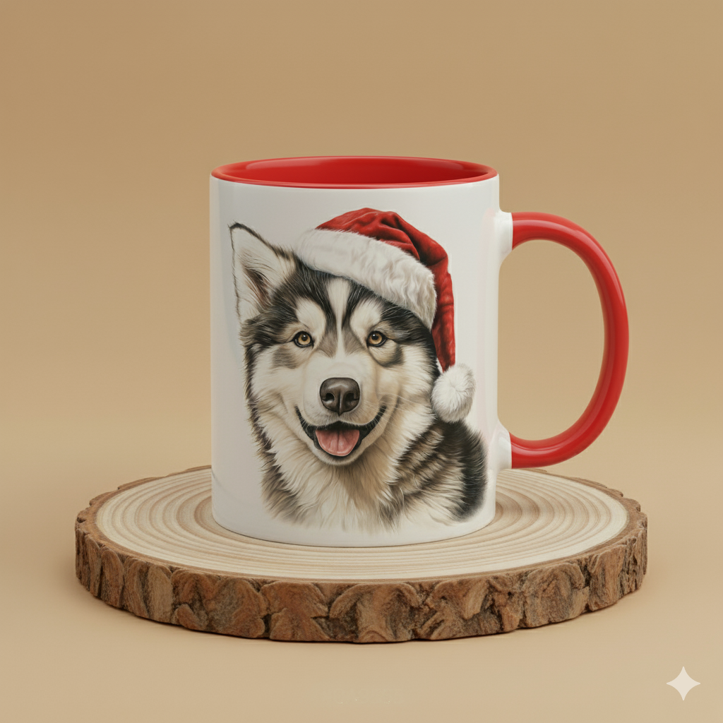 Keramiktasse Weihnachts Husky Kopf mit Mütze
