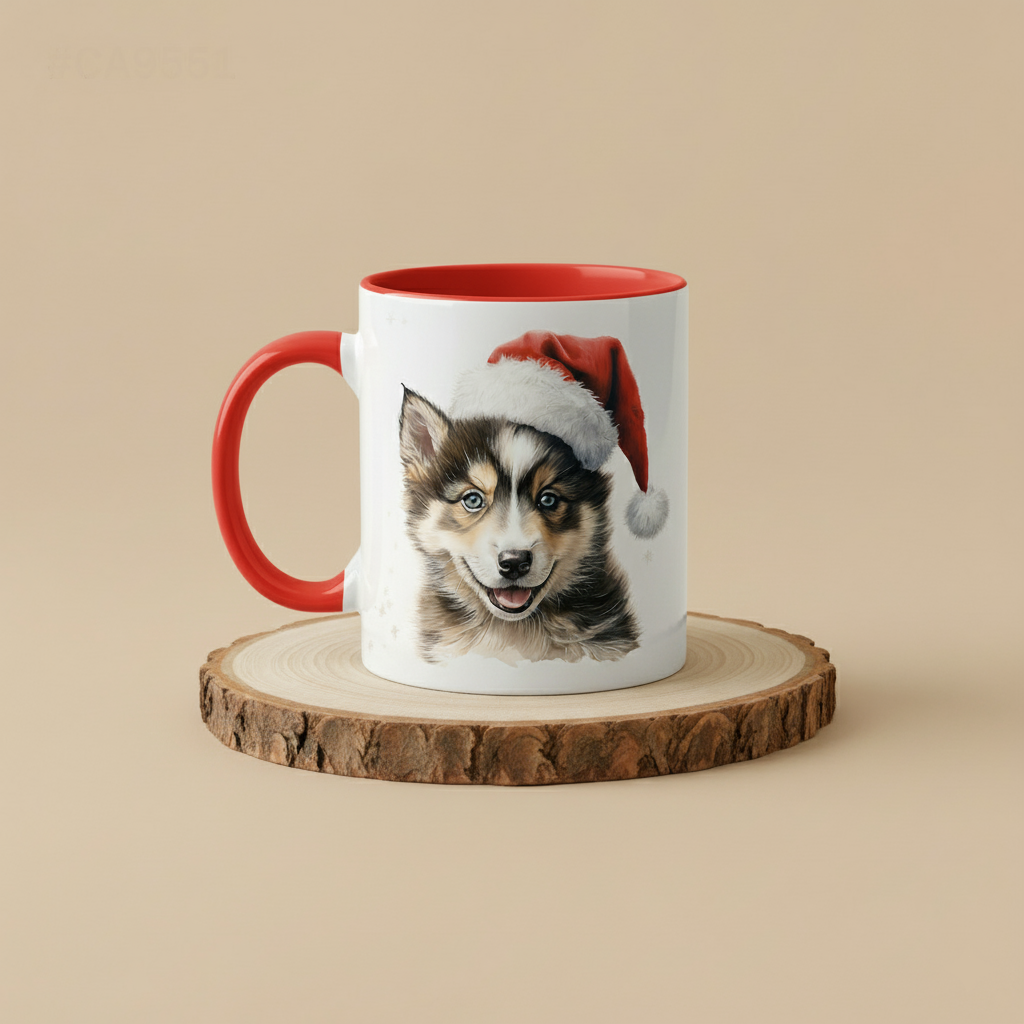 Keramiktasse Weihnachts Husky Welpe Kop mit Mütze
