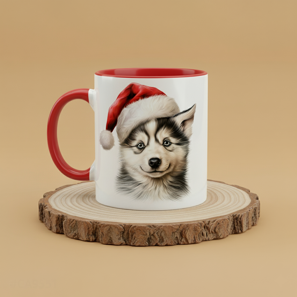 Keramiktasse Weihnachts Husky Welpe Kopf mit Mütze