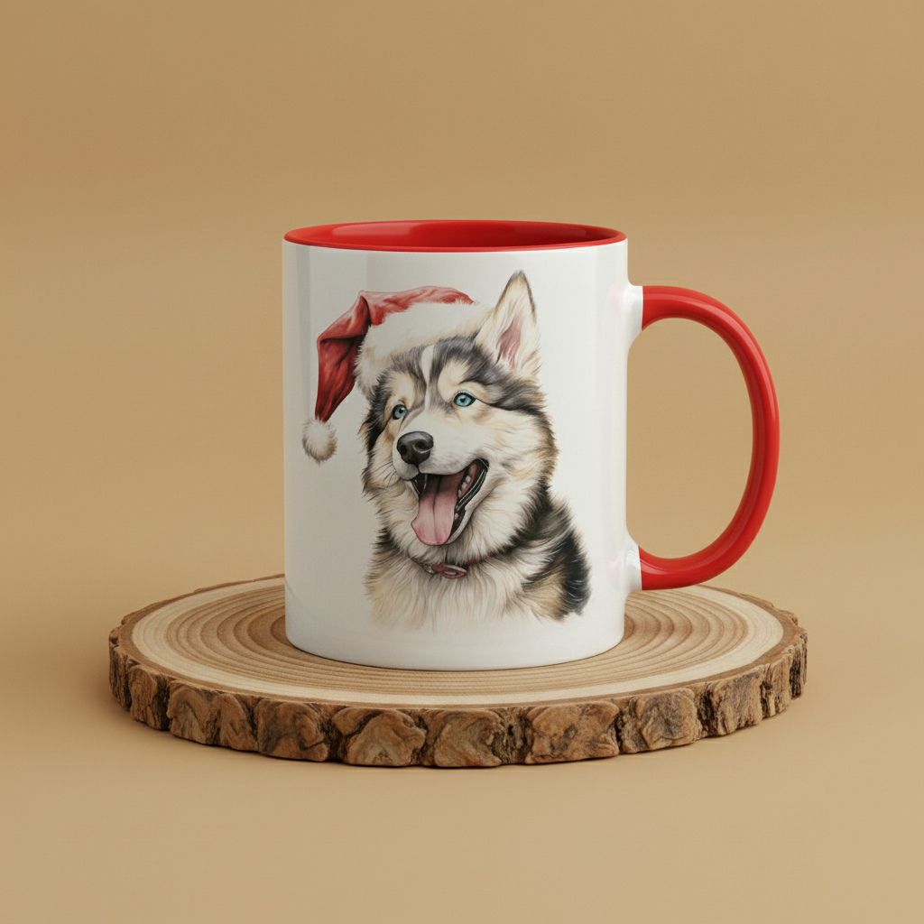 Keramiktasse Weihnachts Husky Kopf mit Mütze